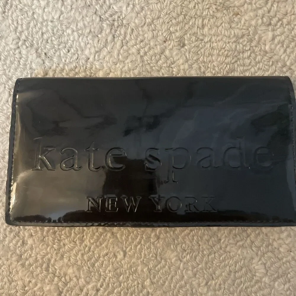 Vintage Kate Spade Black Patent Leather Embossed Logo Continental Flap Wallet